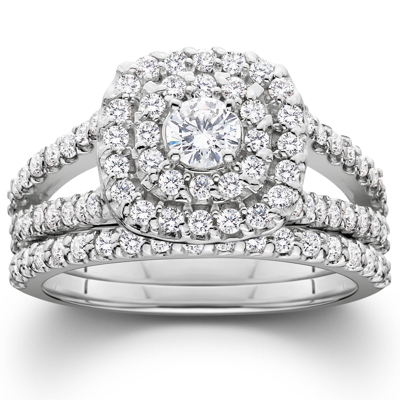 Pompeii3 1 1/10ct Diamond Cushion Halo Engagement Wedding Ring Set Platinum In Silver
