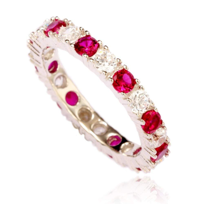 Suzy Levian Sterling Silver Cubic Zirconia Ruby Red Alternating Eternity Band In White