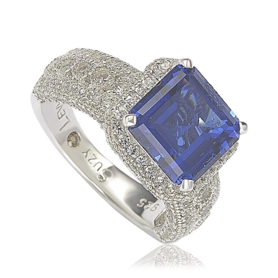 Suzy Levian Sterling Silver Emerald-cut Sapphire & Diamond Accent Ring With 18k Gold Logo In Blue
