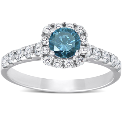 Pompeii3 1 Ct Blue Diamond Cushion Halo Engagement Ring 14k White Gold