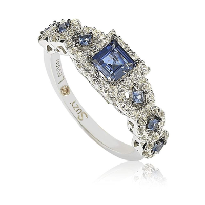 Suzy Levian Sterling Silver Assher Cut Sapphire And Diamond Accent Bridal Engagement Ring - Blue