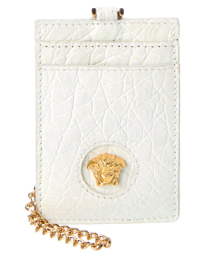 Versace La Medusa Croc-embossed Leather Card Holder On Chain In White