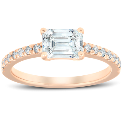 Pompeii3 1 1/2ct Sideways Emerald Cut Moissanite & Diamond Engagement Ring 14k Rose Gold In Blue