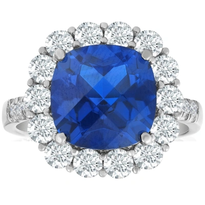 Pompeii3 6 1/2 Ct Diamond Halo Created Sapphire Ring 10k White Gold In Blue