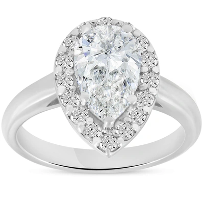 Pompeii3 G/si 1.85 Ct Pear Shape Diamond Halo Engagement Ring 14k White Gold Enhanced In Silver