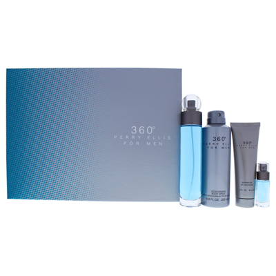 Perry Ellis 360 By  For Men - 4 Pc Gift Set 3.4oz Edt Spray, 6.8oz Deodorizing Body Spray, 3.0oz Show In Blue