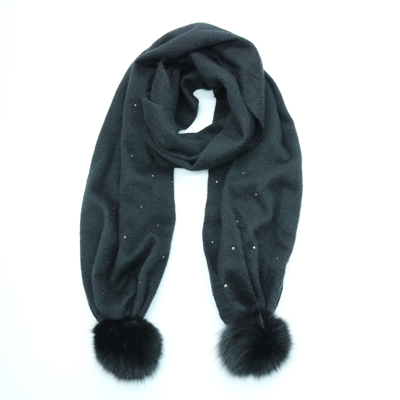 Portolano Cashmere Scarf With Fox Fur Poms And Crystals In Black