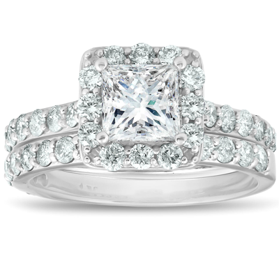 Pompeii3 2 1/2 Ct Halo Princess Cut Diamond Engagement Wedding Ring Set 14k White Gold In Silver