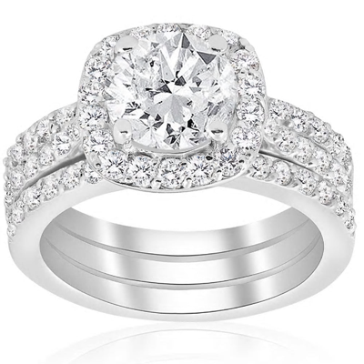 Pompeii3 2 3/4 Ct Cushion Halo Diamond Engagement Wedding Ring Trio Set 14k White Gold In Silver