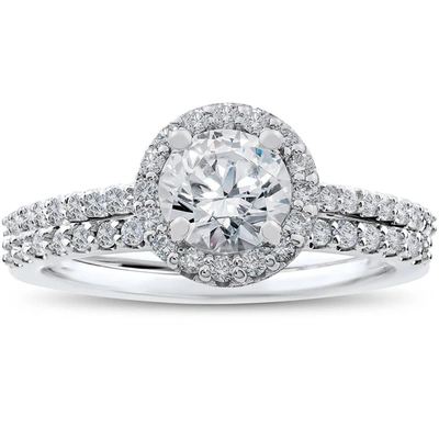 Pompeii3 1/2 Ct Halo Vintage Round Diamond Engagement Ring Setting & Wedding Band Set In Silver