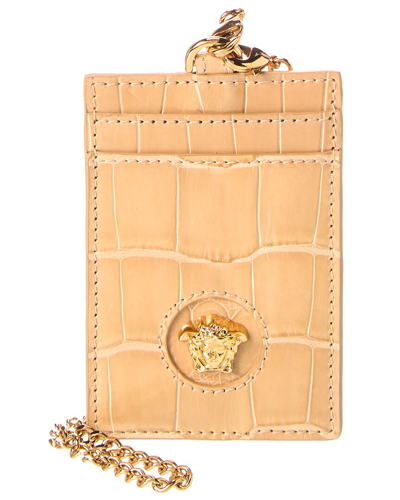 Versace La Medusa Croc-embossed Leather Card Holder On Chain In Brown