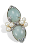Savvy Cie Jewels Ss 925 Double Jade And Pearl Cluser Ring In Green