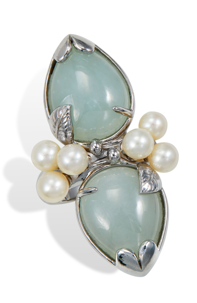 Savvy Cie Jewels Ss 925 Double Jade And Pearl Cluser Ring In Green