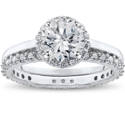 Pompeii3 1 Ct Diamond Madelyn Halo Engagement Ring Setting & Matching Eternity Ring In Silver