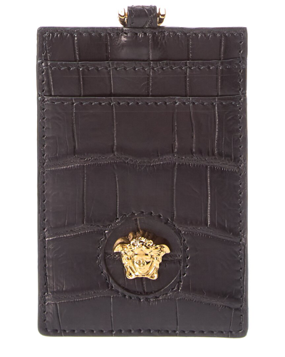 Versace La Medusa Croc-embossed Leather Card Holder On Chain In Black