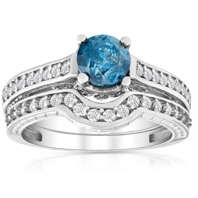 Pompeii3 1 1/2ct Blue & White Vintage Diamond Engagement Ring Set 14k White Gold
