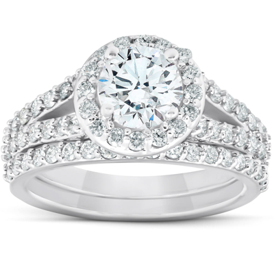 Pompeii3 2 Ct Diamond Halo Multi Row Engagement Ring Wedding Band Set 14k White Gold In Silver