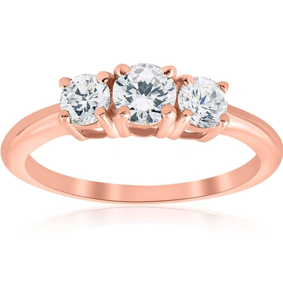 Pompeii3 1ct 3 Stone Diamond Engagement Round Cut Ring 14k Rose Gold In Pink