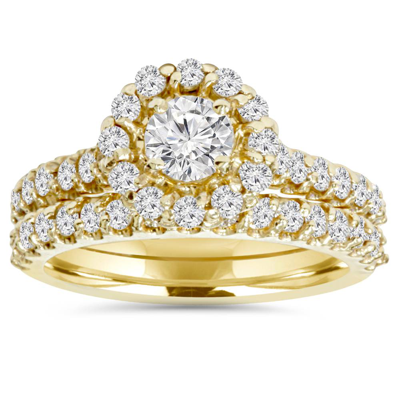 Pompeii3 Si 1 7/8ct Halo Diamond Engagement Ring Wedding Band Set 14k Yellow Gold