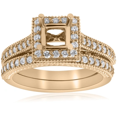 Pompeii3 Yellow Gold Princess Cut Diamond Princess Cut Halo Engagement Ring Semi Mount In Beige