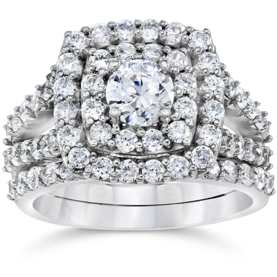 Pompeii3 2 Cttw Diamond Cushion Double Halo Engagement Wedding Ring Set 10k White Gold In Silver