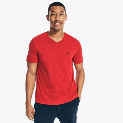 Nautica Mens Premium Cotton V-neck T-shirt In Tango Red