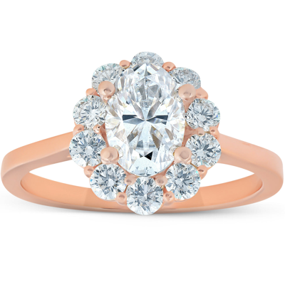Pompeii3 1 5/8 Ct Oval Lab Created Moissanite & Diamond Halo Engagement Ring Rose Gold In Blue