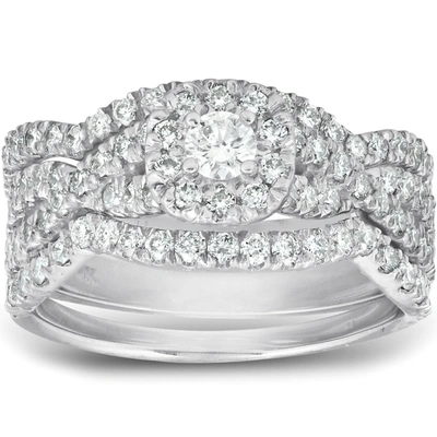 Pompeii3 1 1/4 Ct Cushion Halo Diamond Engagement Wedding Ring 3-piece Set White Gold In Silver