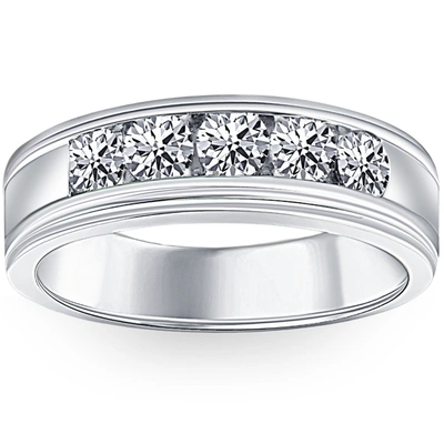 Pompeii3 1 Ct Mens Diamond 5-stone Wedding Ring Channel Set Classic Ring 10k White Gold In Silver