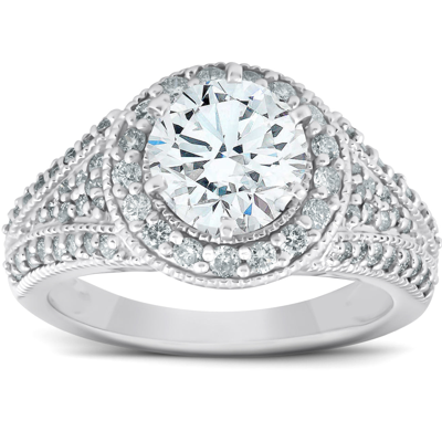 Pompeii3 Vs 2.10 Ct Diamond Halo Engagement Ring 14k White Gold Size 7 6.95 Grams In Silver