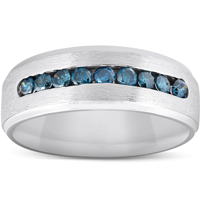 Pompeii3 Mens 1/3ct Blue Diamond Brushed Wedding Ring 14k White Gold In Silver