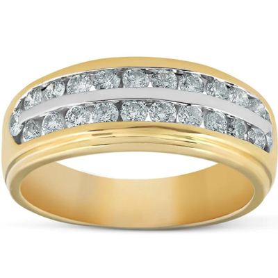 Pompeii3 1 Ct Diamond Mens Double Row Wedding Ring 10k Yellow Gold In Silver
