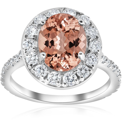 Pompeii3 3 Ct Oval Halo Morganite Diamond Vintage Engagement Ring 14k White Gold In Silver