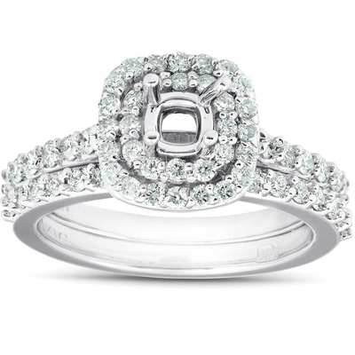 POMPEII3 3/4CT DOUBLE CUSHION HALO DIAMOND ENGAGEMENT RING SETTING MOUNT 14K WHITE GOLD