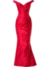 ROMONA KEVEZA ROMONA KEVEZA OFF SHOULDER RUCHED FISHTAIL GOWN - RED,E1126RED11833004