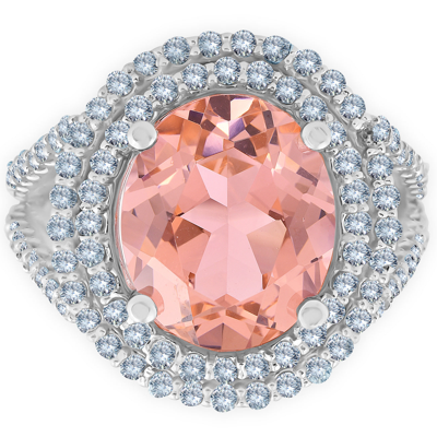 Pompeii3 6 1/5 Ct Huge Diamond & Oval Simulated Morganite Halo Ring 14k White Gold In Pink