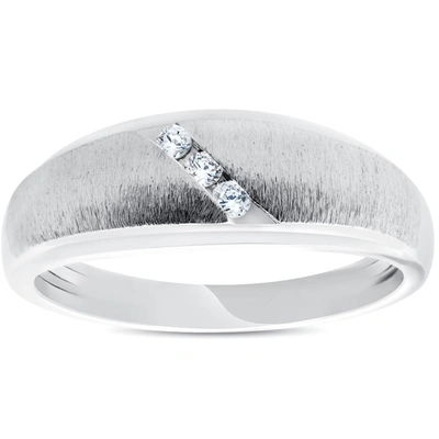 Pompeii3 Mens 1/10ct Three Diamond Brushed Wedding Ring 10k White Gold Anniversary Band In Silver