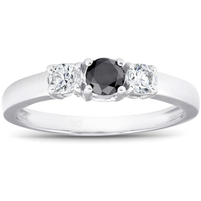 Pompeii3 1/2ct Black & White Diamond 3-stone Engagement Ring 10k White Gold In Silver
