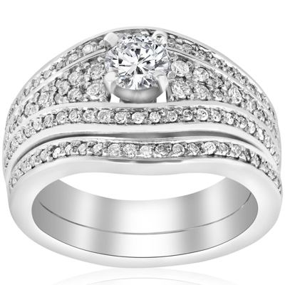 Pompeii3 G/si1 1ct Pave Genuine Diamond Engagement Ring Wedding Band Set Solid 14k Wg In Silver