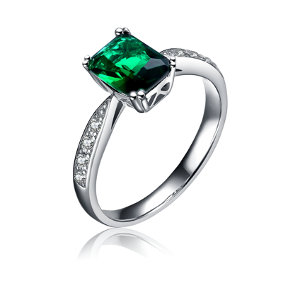 Genevive Sterling Silver With Emerald & Diamond Cubic Zirconia Emerald Cut French Pave Ring In Green