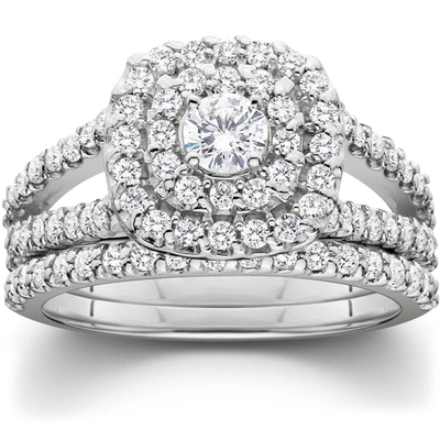 Pompeii3 1 1/10ct Cushion Halo Diamond Engagement Wedding Ring Set 10k White Gold In Silver