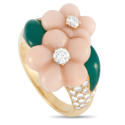 Van Cleef & Arpels 18k Yellow Gold 0.82 Ct Diamond, Coral, And Chrysoprase Flower Ring