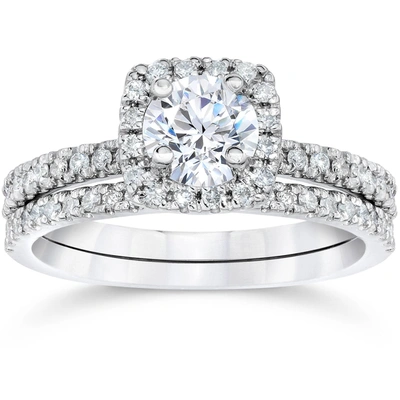 Pompeii3 1 1/2 Ct Cushion Halo Round Diamond Engagement Wedding Ring Set 10k White Gold In Multi