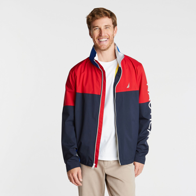 Nautica Mens Big & Tall Lightweight Colorblock Bomber With Concealed Hood In Beige