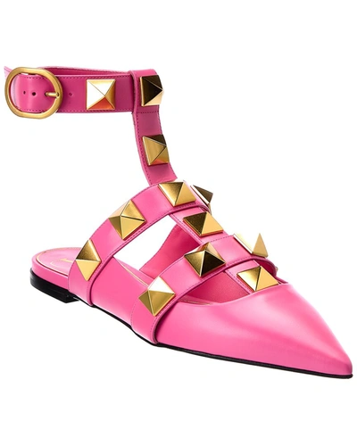 Valentino Garavani Roman Stud Leather Ankle-strap Ballerina Flats In Pink