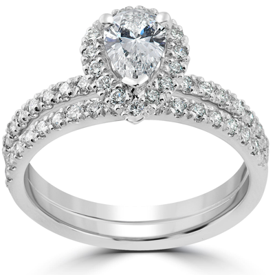 Pompeii3 1 5/8 Ct Pear Shape Halo Diamond Engagement Wedding Ring Set 14k White Gold In Silver