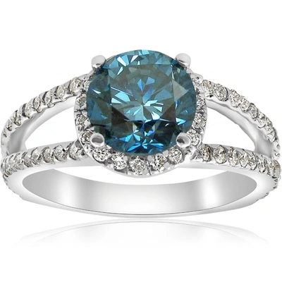 Pompeii3 3 1/2ct Blue Diamond Halo Engagement Ring Split Shank 14k White Gold