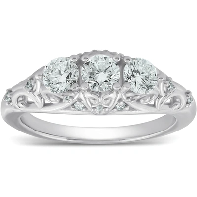 Pompeii3 1ct Three Stone Vintage Engagement Unique Ring With Accents 14k White Gold In Silver