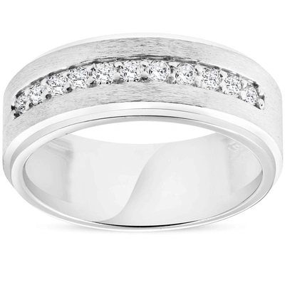 Pompeii3 Mens 3/8ct White Gold Diamond 10k Brushed Wedding 8mm Anniversary Band In Silver