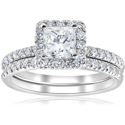 Pompeii3 2 5/8ct Princess Cut Halo Diamond Engagement Wedding Ring Set Lab Grown 14k Gold In Silver